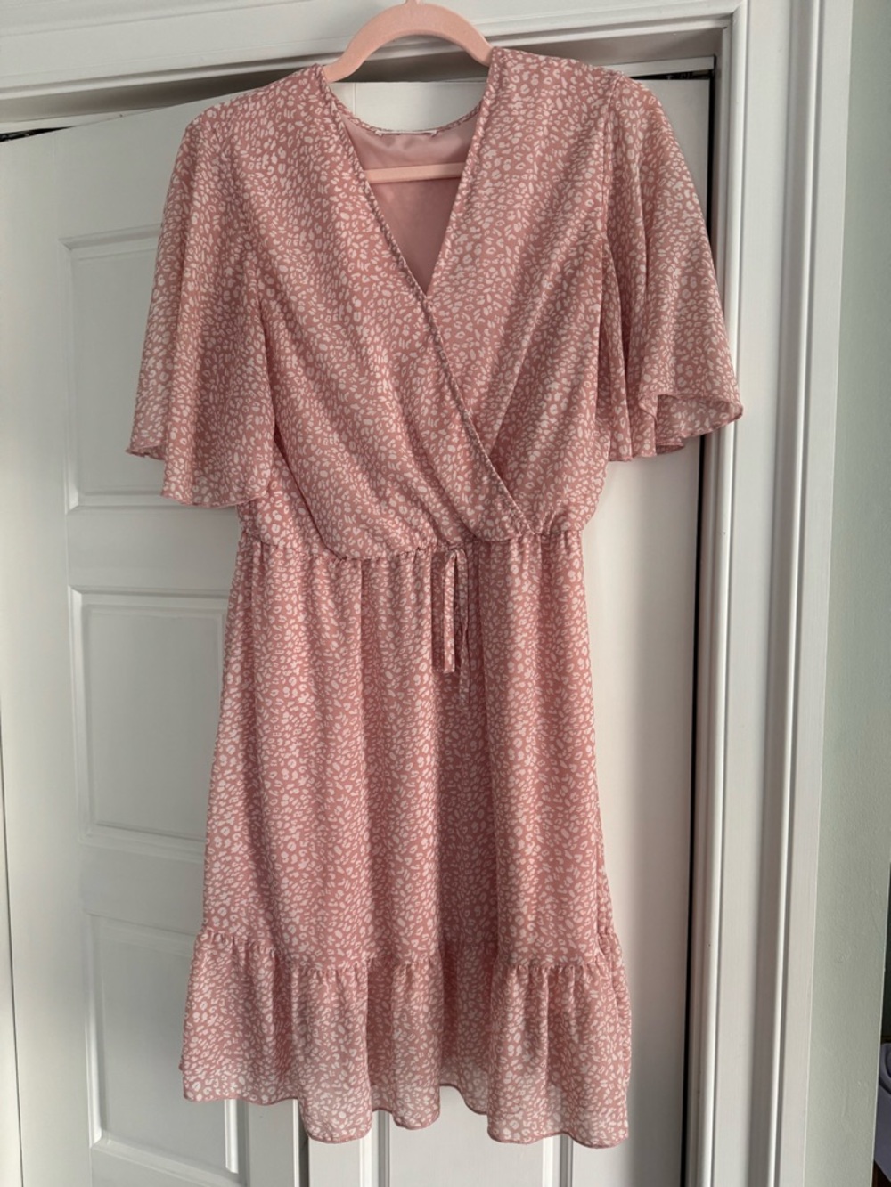 Soft Pink Floral Midi Wrap Dress with Tie Waist
